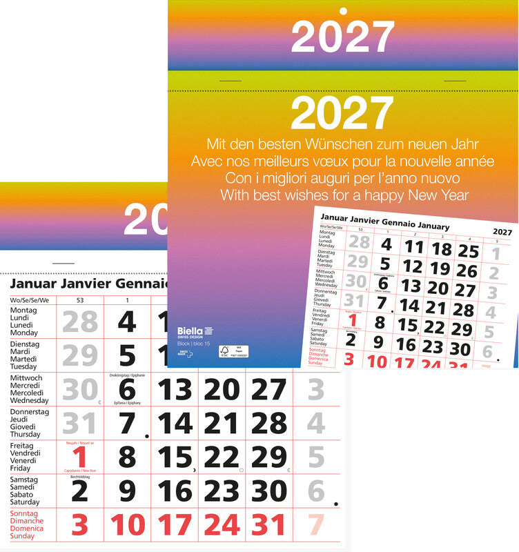 Biella Abreisskalender Monat Block 15 – viersprachig D/F/I/GB – 2027 – 16,7 × 19,8 cm