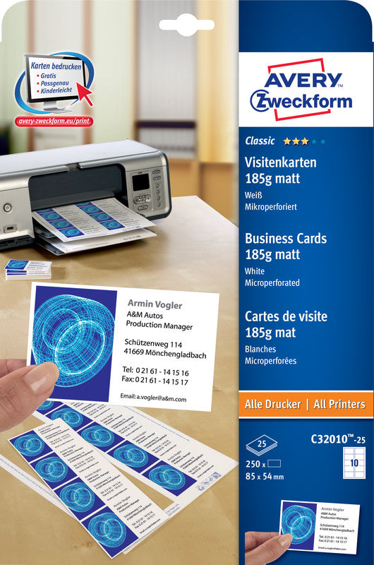 Avery Visitenkarten, 85 × 54 mm – A4, 10 pro Blatt – 250 Karten – FSC-zertifiziert, beidseitig bedruckbar