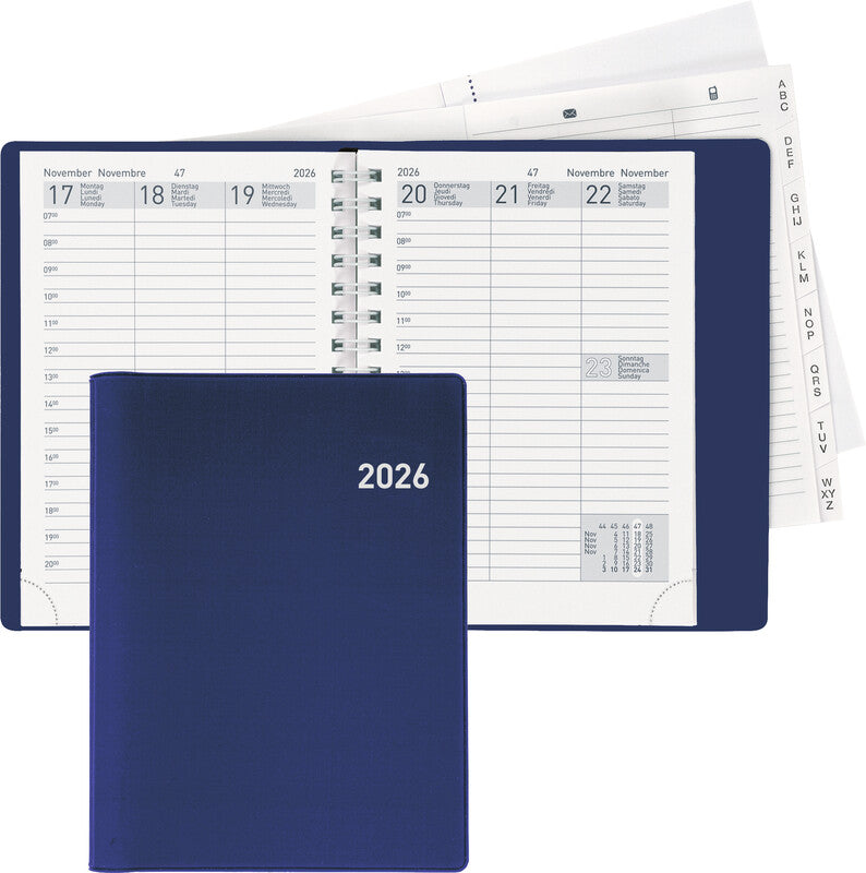 Biella Rex Agenda – 1 Woche/2 Seiten, Spiralbindung, 10,1 × 14,2 cm, 2026, Dunkelblau, FSC