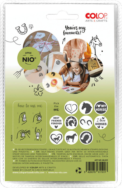 Colop Little NIO Rundstempel – Pferde, selbstfärbend, 10 Motive, Ø 17 mm, Kissen grau, Englisch