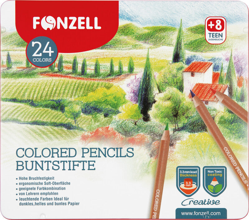 Fonzell Creative Farbstifte-Set – 24 Farben, rund, Mine Ø 3,3 mm, Metallschachtel