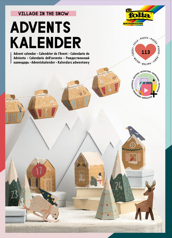 Folia Adventskalender-Set Dorf im Schnee – 8 Kartonhäuser, 40 Hangtags – 250 × 350 × 10 mm
