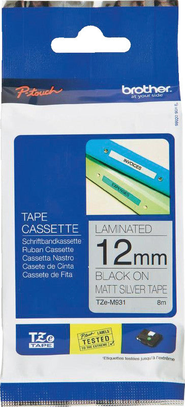 Brother Schriftband – 12 mm × 8 m, silber matt, schwarz