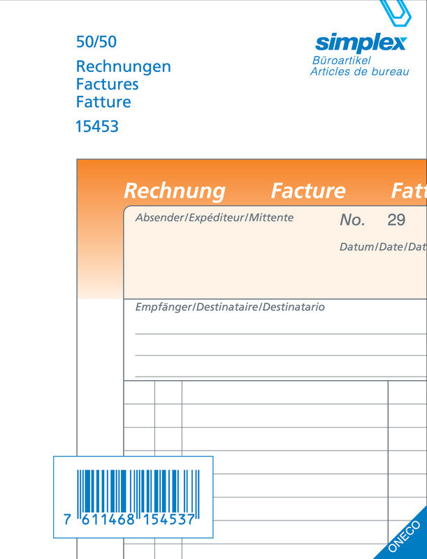 Simplex Formularblock – Rechnungen, mehrsprachig, 50 Blatt, A6