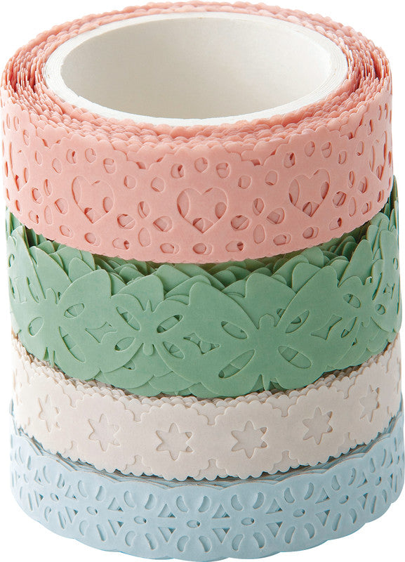 Folia Washi Tape Spitzenbordüre – wiederablösbar, 2×10 mm × 5 m + 2×15 mm × 5 m, Pastell, 4 Rollen