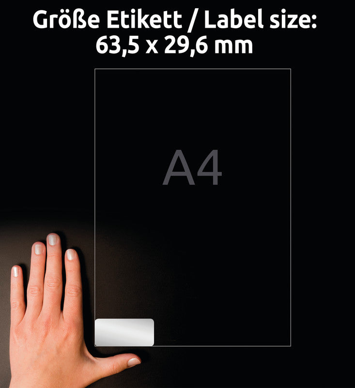 Avery Typenschild-Etiketten, 64 mm × 30 mm, silber, Folie, permanent, 540 Etiketten (20 Blatt)
