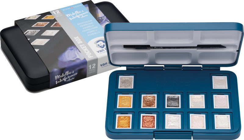 Van Gogh Pocket Box – Aquarellfarben – Set, 12 Farben, metallic & perleffekt, inkl. Schwamm & Pinsel