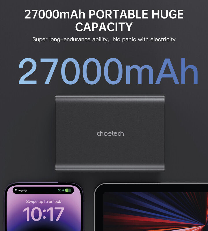 Choetech Powerbank 27000 mAh, 2× USB-C, 2× USB-A, Schwarz