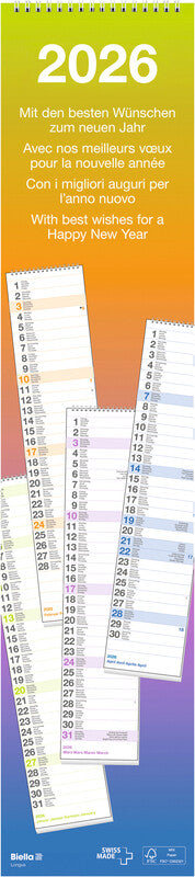 Biella Wandkalender Longus – viersprachig d/f/i/gb – 2026 – Spiralbindung – 12 × 54,5 cm