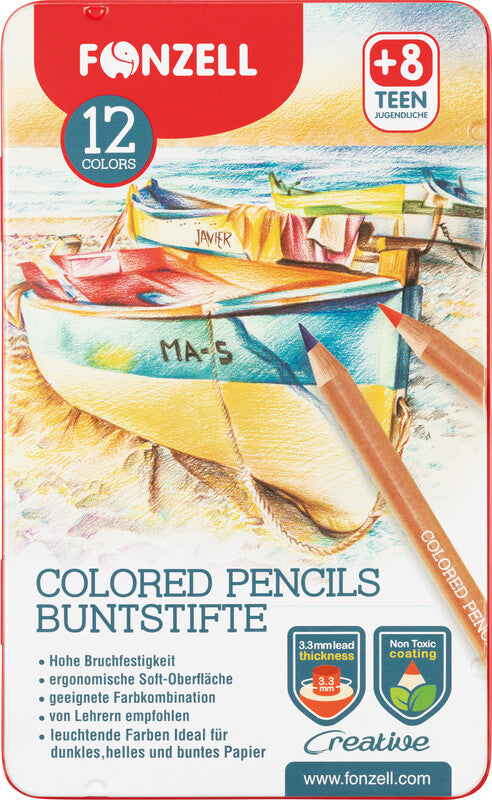 Fonzell Creative Farbstifte-Set – 12 Farben, rund, Mine Ø 3,3 mm, Metallschachtel