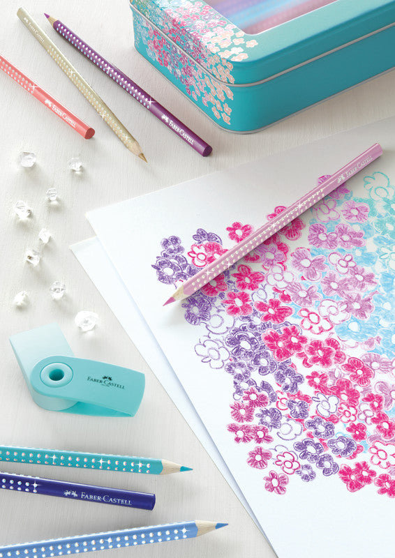 Faber-Castell Aquarellfarbstifte Grip Sparkle – 20 Farben, im Metalletui, mit Spitzer, Ø 3 mm, dreikantig, FSC