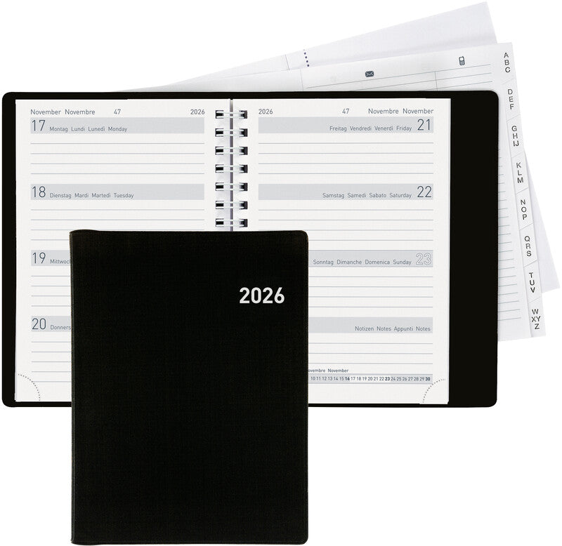 Biella Memento Taschenagenda – 1 Woche/2 Seiten, Wire-O, 10,1 × 14,2 cm, 2026, mehrsprachig, schwarz, FSC