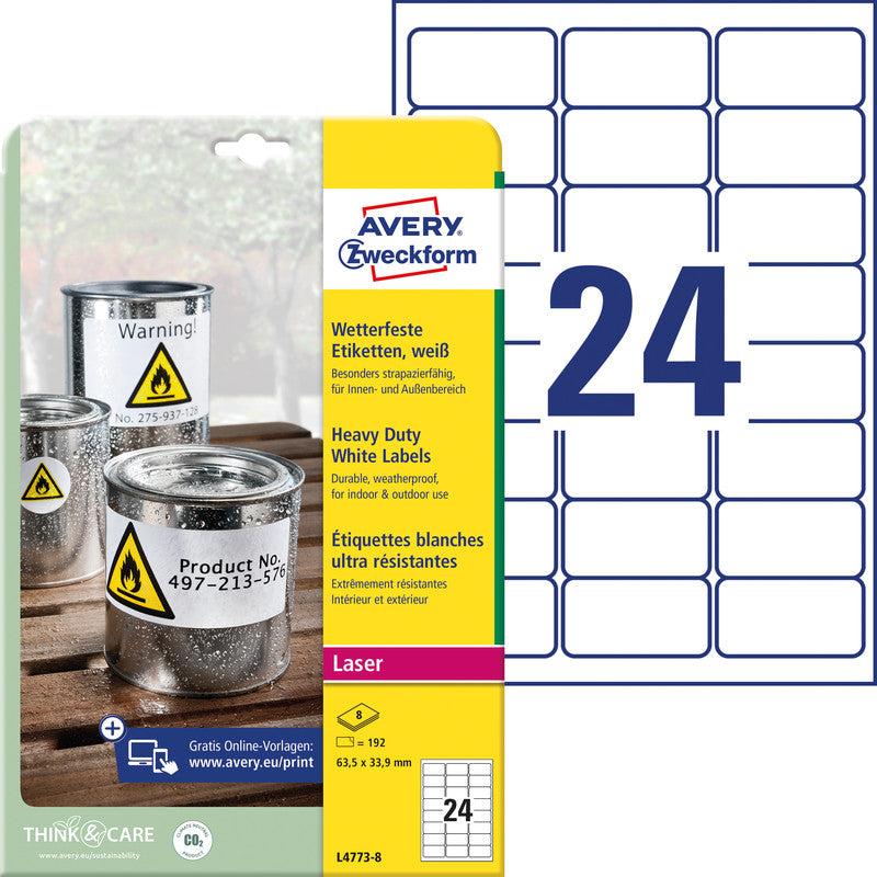 Avery Etiketten auf Bogen, 64 mm × 34 mm, Weiss, Folie, Extra Stark, Packung 8 Blätter (192 Etiketten)