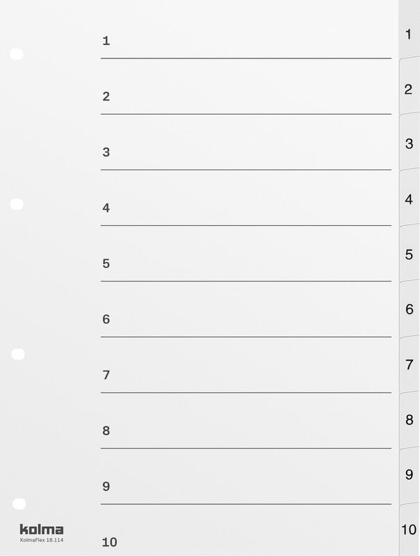 Kolma Register – A4, 10-teilig, PP, weiss, vorgedruckt, mit Indexblatt, 4-fach Lochung, für A4-Ordner