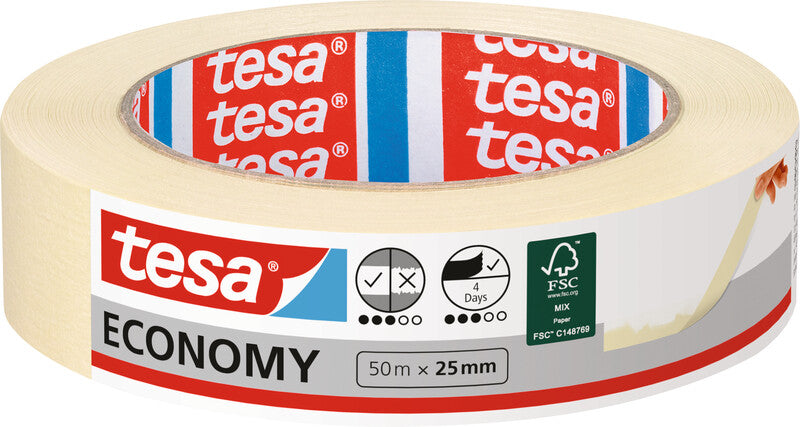 tesa Krepp-Abdeckband – 25 mm × 50 m, beige, für Innenbereich, Papier, rückstandsfrei bis 3 Tagen