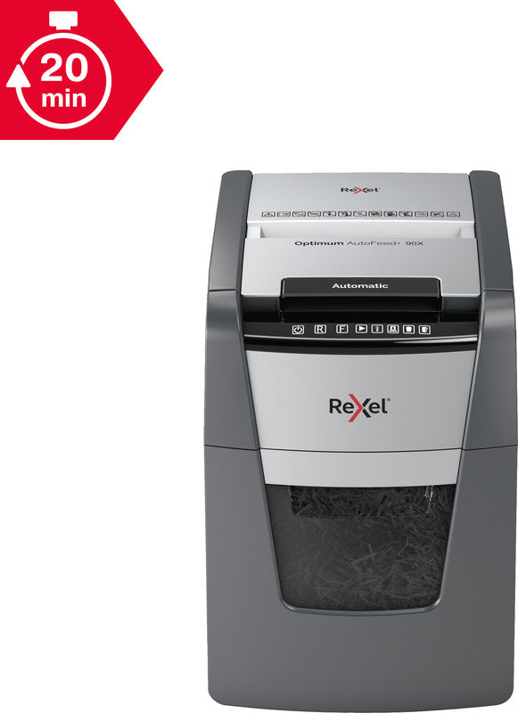 Rexel Optimum AutoFeed+ 90X – Aktenvernichter mit Autofeed 90 Blatt, DIN P-4, Partikelschnitt 4 × 28 mm, 34 l