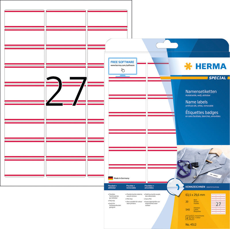 HERMA Textiletiketten, 64 mm × 30 mm, weiss, Textil, selbstklebend, 540 Etiketten (20 Blatt)