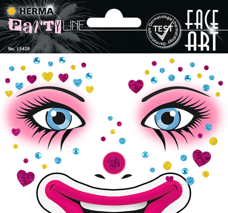 HERMA Face-Art-Sticker aus Glitterfolie, mehrfarbig, Motiv Clown Annie, 127 × 91 mm, 1 Blatt, wiederablösbar