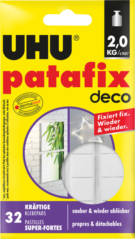 UHU Patafix Deco Klebepads – wiederablösbar, weiss, belastbar bis 2 kg, 32 Stk., für Dekorationen