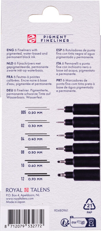 Talens Fineliner – 6er-Set – Schwarz – Wasserfest