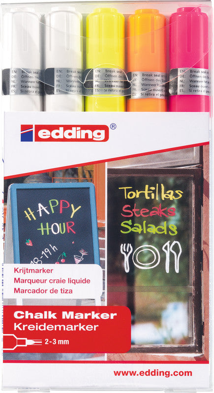 Edding Kreidemarker 4095 – Rund, 2–3 mm – 5er-Set, Farben sortiert (weiss×2, neongelb, …)