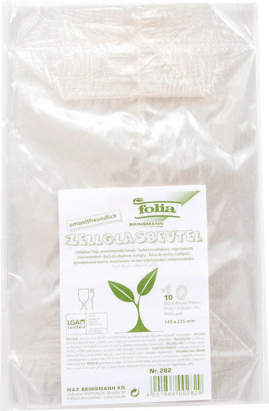Folia Cellophantüten – mit Kreuzboden, kompostierbar – 145 × 235 mm – 10 Stk.