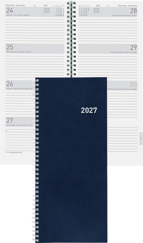 Biella Agenda – 1 Woche/2 Seiten, Spiralbindung, 13,5 × 31,5 cm, Jan–Dez, 2026, Dunkelblau, FSC