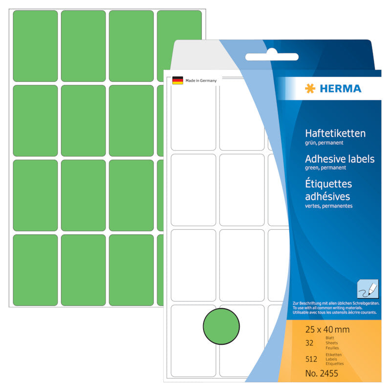HERMA Schuletiketten – 25 × 40 mm, Abgerundete Ecken, 512 Stk, 32 Bogen, Papier, Permanent Haftend