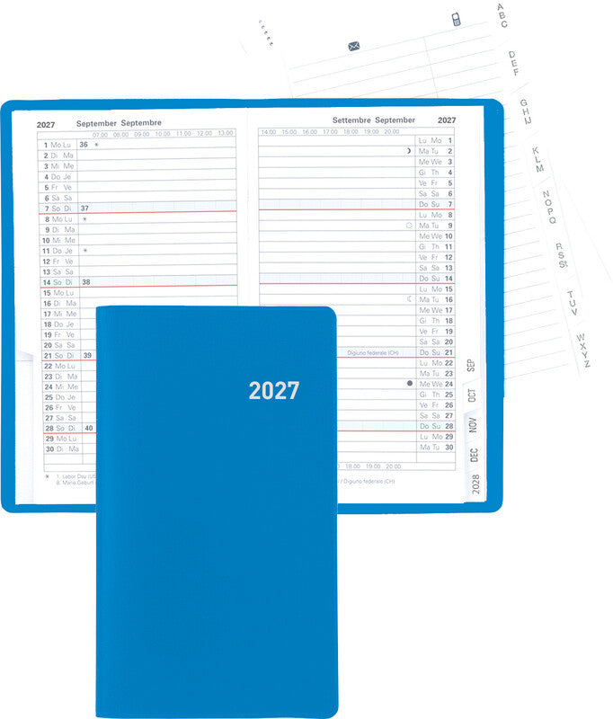 Biella Planer Paris Agenda – 1 Monat/2 Seiten, geheftet, 7,5 × 12,6 cm, 15 Monate Okt–Dez, blau, PEFC