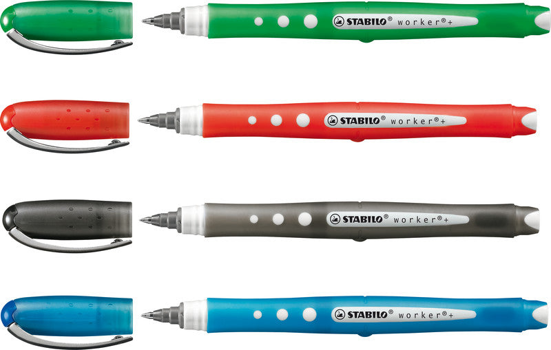 STABILO worker+ colorful – Tintenroller-Set, mit Kappe, 0,5 mm, farbig sortiert, 4er Etui, für Linkshänder