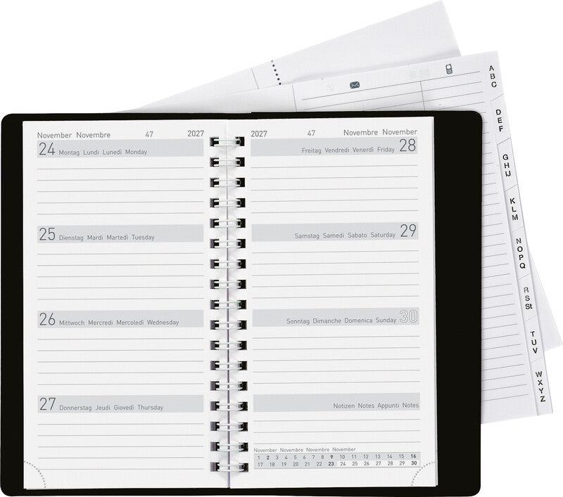 Biella Brüssel Agenda – 1 Woche/2 Seiten, Wire-O, 8,5 × 15,3 cm, 2026, Schwarz, FSC