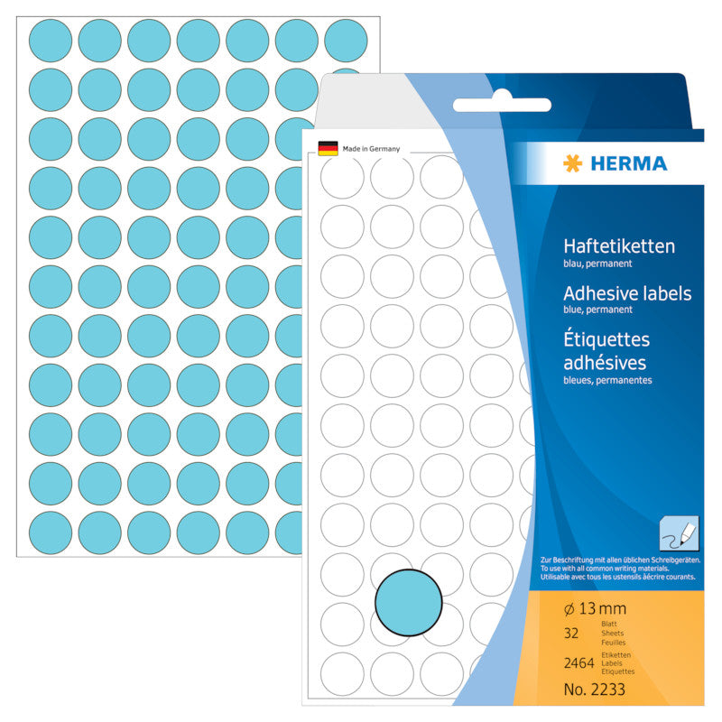 HERMA Haftetiketten – Ø 13 mm, permanent, blau, Bogen 111 × 170 mm, 32 Blätter (2'464 Stk.)