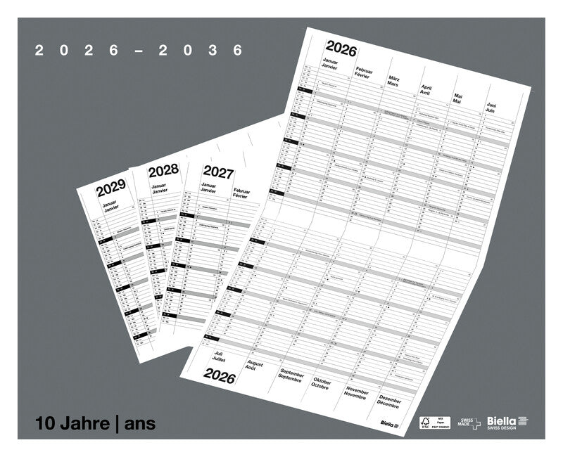 Biella 10-Jahres-Kalender – zweisprachig D/F – 2026–2036 – 30 × 24 cm