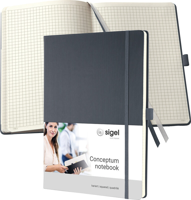 Sigel Notizbuch A4, kariert, Fadenheftung, Hardcover, 194 Seiten, 80 g/m² – dunkelgrau