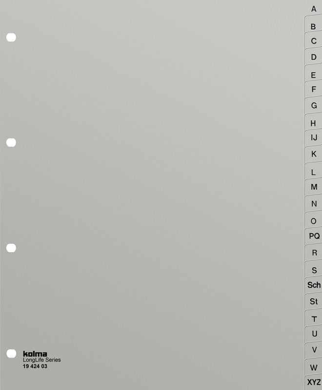 Kolma Register – A4, 24-teilig, PVC, grau, vorgedruckt, 4-fach Lochung, für Zeigebuchtaschen