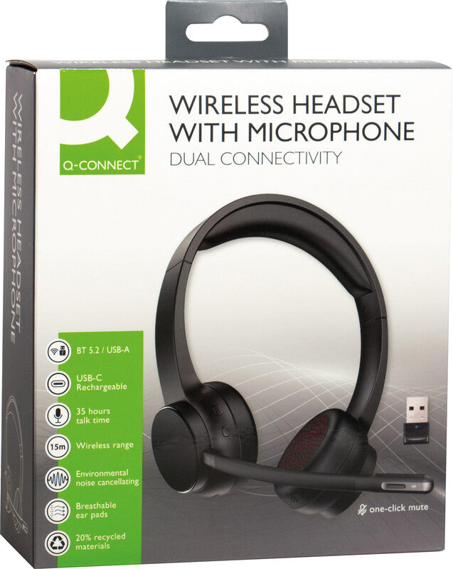 Q-connect Duo Headset – Bluetooth, Noise-Cancelling Mikrofon, Stummschalter – Schwarz – bis 35 h Sprechzeit