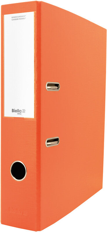 Biella Ordner – A4 hoch – 2-Ring Hebelmechanik, Rücken 70 mm – orange, mit Niederhalter, mit Griffloch, FSC