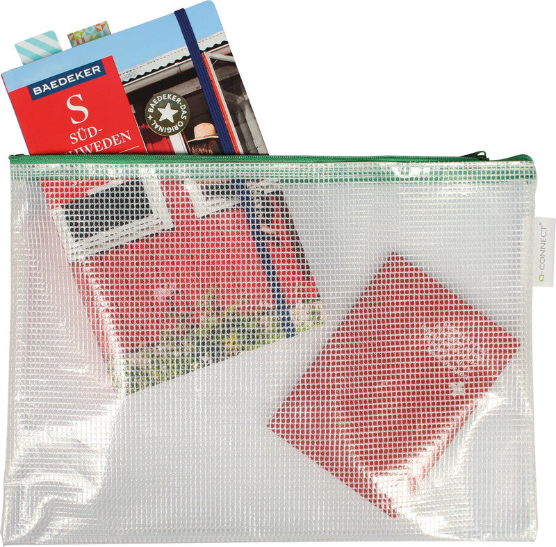 Q-connect Reissverschlusstasche – für A4-Dokumente – 337 × 255 mm, Kunststoff, Grün – 8 Stück