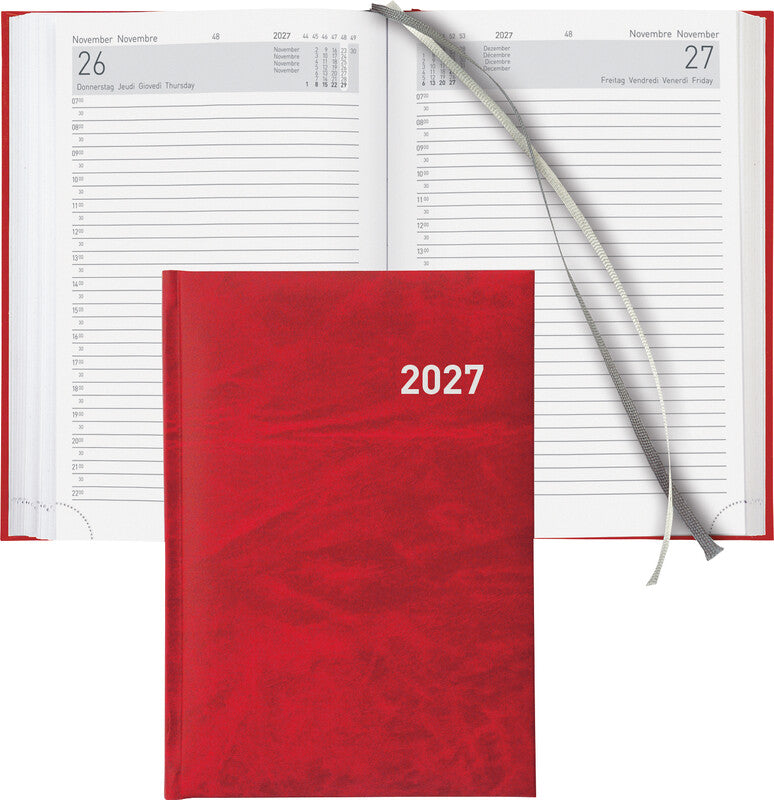 Biella Executive Agenda – 1 Tag pro Seite, gebunden, 14,5 × 20,5 cm, 2027, 1/2-Stunden-Takt, Rot, FSC