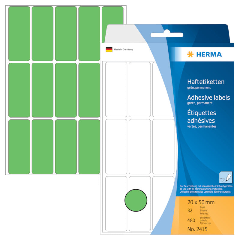 HERMA Schuletiketten – 20×50 mm, Abgerundete Ecken, 480 Stk, 32 Bogen, Papier, Permanent Haftend