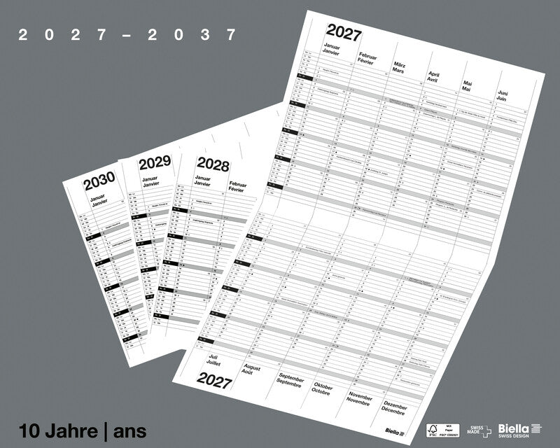 Biella 10-Jahres-Kalender – zweisprachig D/F – 2027–2037 – laminiert, Spiralbindung – 30 × 24 cm