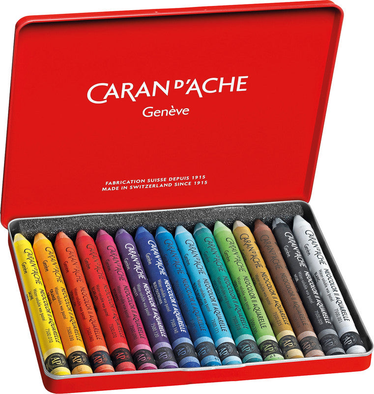 Caran d-Ache Caran d'Ache Neocolor II Aquarellfarbstifte-Set – 15 Farben, Mine Ø 8,6 mm, Metallschachtel
