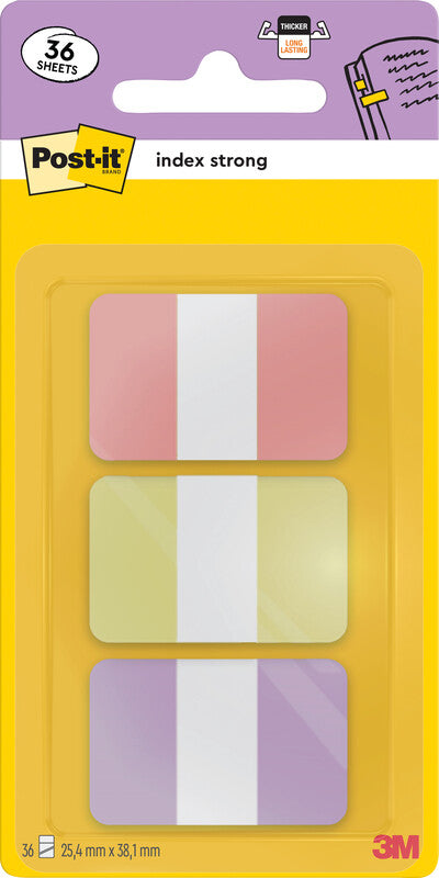 Post-it Indexstreifen Strong – 25,4×38 mm – sortiert, 3×12 Stück, mit Dispenser
