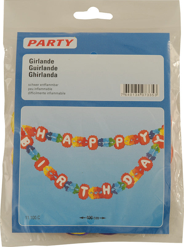 Party Papiergirlande, mehrfarbig, Motiv 'Happy Birthday', 4000 mm, schwer entflammbar