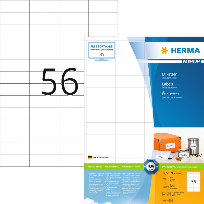 HERMA Druckeretiketten, 53 mm × 21 mm, weiss, Papier, permanent, 200 Blatt