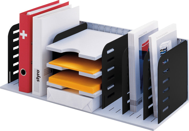 Styro Briefkorb – Kunststoff, 7 Fächer, stapelbar, schwarz, B 723 × H 248 × T 304 mm