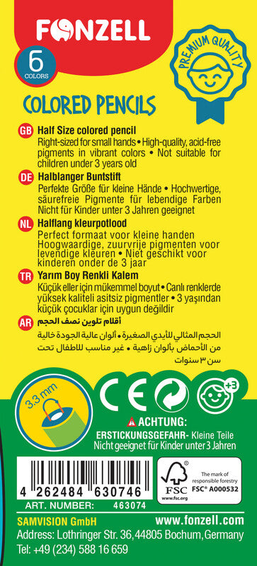 Fonzell Farbstifte-Set – 6 Farben, rund, Mine Ø 3,3 mm, Kartonetui