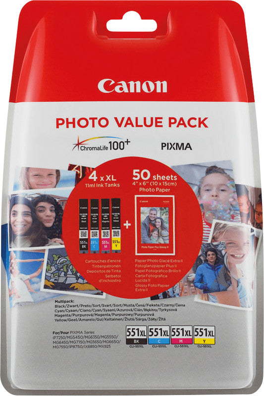 Canon Tintenpatronen-Multipack CLI-551XL Photo Cube, mit Fotopapier 3,94" × 5,91" (50 Blatt) – für Pixma