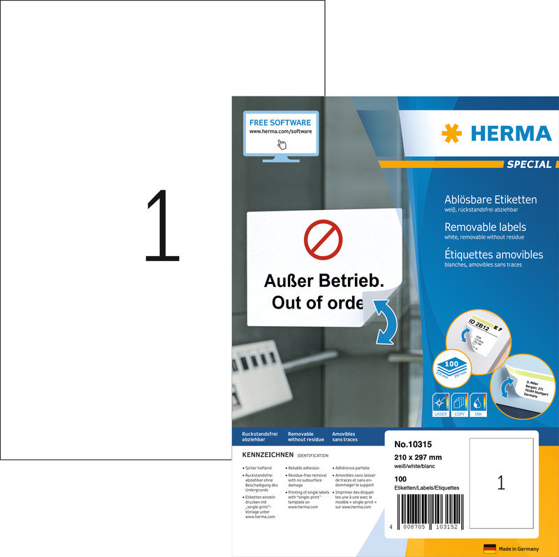 HERMA Drucketiketten, 210 mm × 297 mm, weiss, Papier, ablösbar, 100 Etiketten