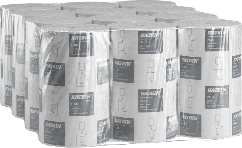 Katrin Handtuchrolle Plus S – 2-lagig, Recyclingfasermaterial, weiss, 205 mm × 60 m, für Katrin Inclusive S